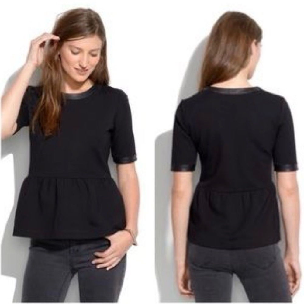 Madewell Black Short Sleeve Peplum leather accent Top. - Picture 2 of 6